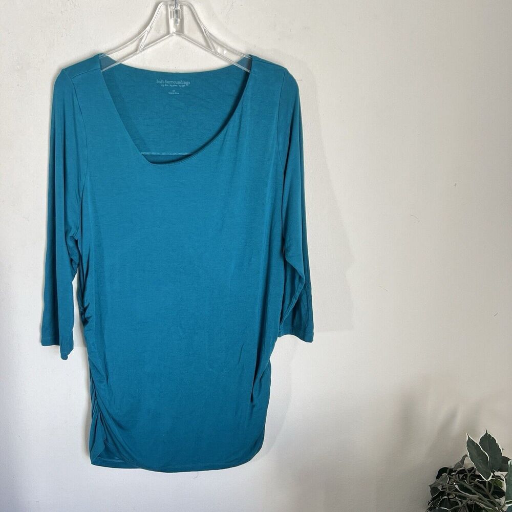 Soft Surroundings Top Womens Blue Stretch Side Ruching Blouse 3/4 Sleeves 1X